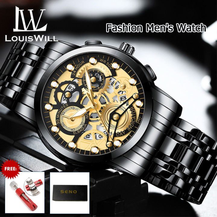 LouisWill Gold Top Brands Men Wristwatches Waterproof Luxury Golden Wrist Watch Clock Fake Three-Eye Decoration Watch Luminous Wrist Watches with Calendar For Men