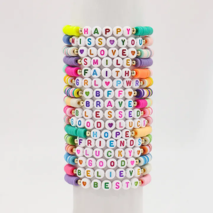 Boho%20custom%20polymer%20clay%20beads%20motivational%20bracelets%20Love%20Blessed%20name%20words%20stretch%20bracelet%20for%20women%20-%20Image%202