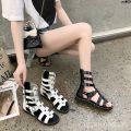 Flat Heel Cross Mid-Calf Fashion Sandals Hollow Women's Flat Summer New Lace-up European and American Roman Shoes Open Toe Sandal Boots ).