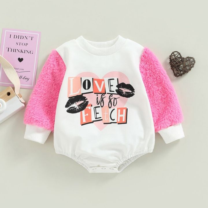 Fashion Newborn Baby Girls Valentine's Day Rompers 0-18M Letter Print Patchwork Fur Long Sleeve O-neck Sweatshirts Jumpsuits