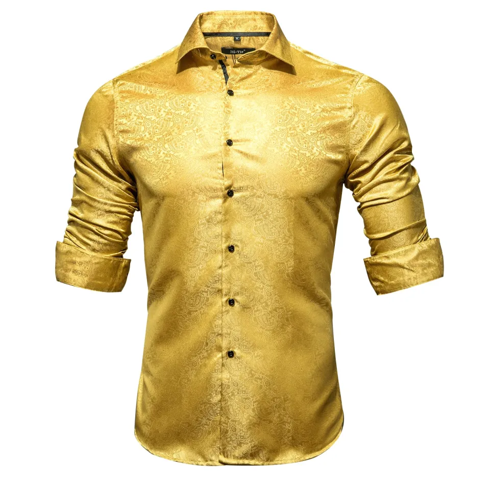 Luxury Gold Men's Silk Shirt High Quality Long Sleeve Paisley