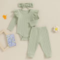 FOCUSNORM 0-18M Autumn Baby Girls Boys Clothes Sets 3pcs Solid Color Long Sleeve Ribbed Romper + Pants + Headband. 