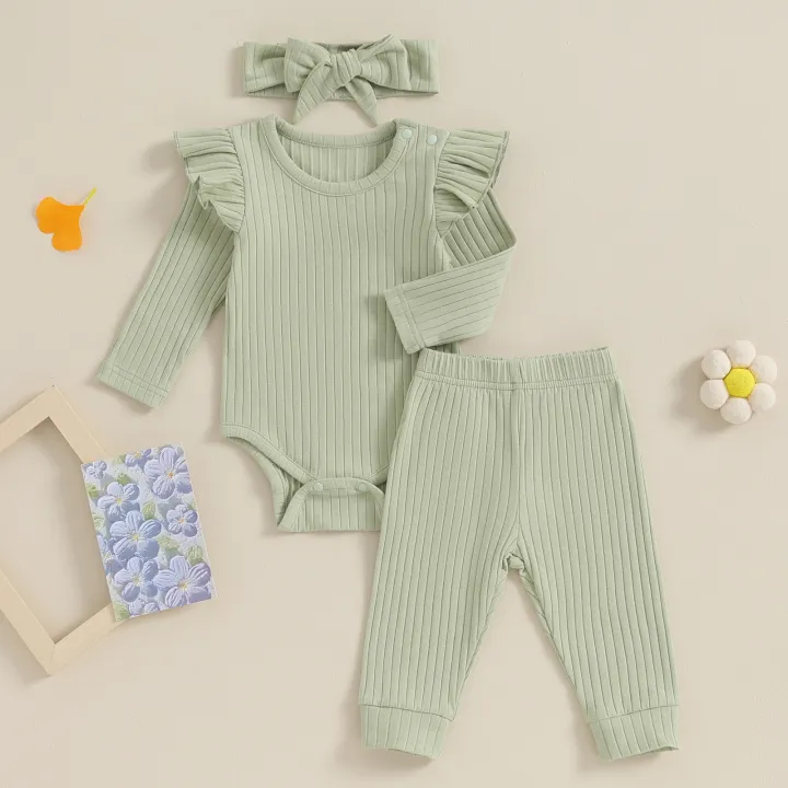 FOCUSNORM%200-18M%20Autumn%20Baby%20Girls%20Boys%20Clothes%20Sets%203pcs%20Solid%20Color%20Long%20Sleeve%20Ribbed%20Romper%20+%20Pants%20+%20Headband%20-%20Image%205