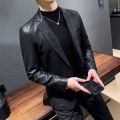 Black Single-button V-neck Blazer Jacket Men's Fashion Casual Coat PU Fabric Large Size M-5XL Outer Flap Pocket Decoration.