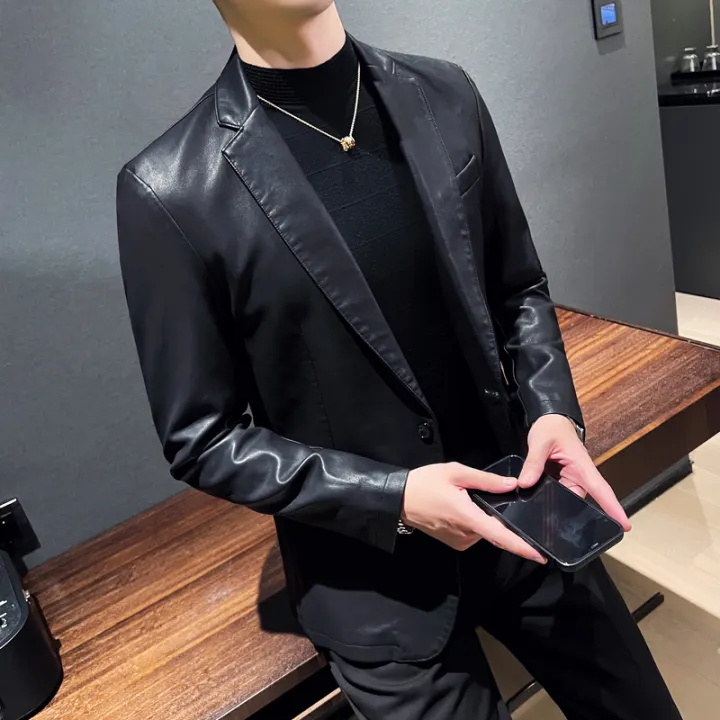 Black%20Single-button%20V-neck%20Blazer%20Jacket%20Men's%20Fashion%20Casual%20Coat%20PU%20Fabric%20Large%20Size%20M-5XL%20Outer%20Flap%20Pocket%20Decoration%20-%20Image%206