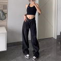 American ins retro wash black jeans women's early spring hot girl design sense loose and thin straight-leg wide-leg pants.