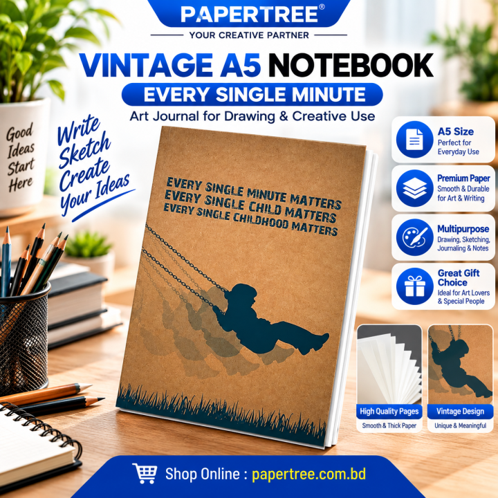 PaperTree Vintage A5 Notebook Sketchbook Drawing Sketchpad Every Single Minute Art Journal for Graphite Colored Pastel Charcoal & Metallic Fineliner Drawing