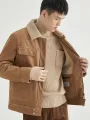 Kuzu yün ceket erkek polar astarlı kalınlaşmış süet ceket gevşek rahat tüm maç düz renk yaka Patchwork Trendy sonbahar kış. 