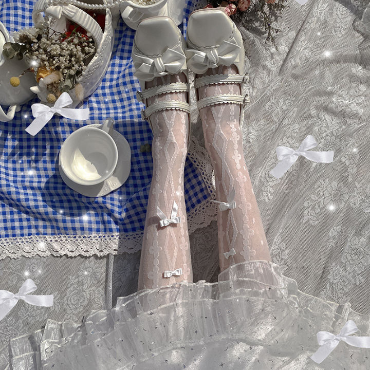 Lolita%20Cute%20Long%20White%20Bow%20Cross%20Print%20Over-the-Knee%20Stockings%20Women's%20Spring/Summer%20Thin%20Glass%20Filigree%20Transparent%20-%20Image%204