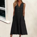 2024 Summer New Amazon Foreign Trade Wish Independent Station Fashion Pocket V-neck Stripe Sleeveless Casual Dress. 