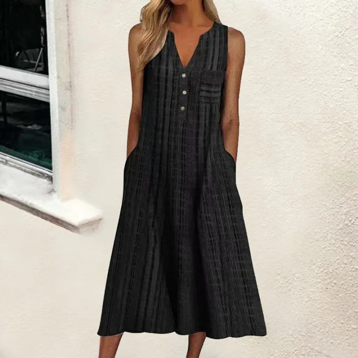 2024%20Summer%20New%20Amazon%20Foreign%20Trade%20Wish%20Independent%20Station%20Fashion%20Pocket%20V-neck%20Stripe%20Sleeveless%20Casual%20Dress%20-%20Image%202