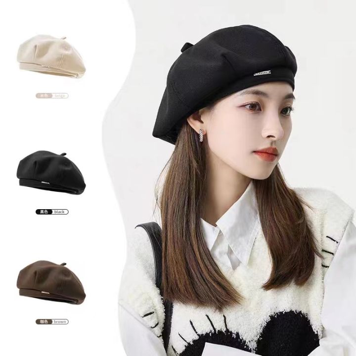 Black%20beret%20new%20women's%20autumn%20and%20winter%20Japanese%20face%20show%20small%20woolen%20octagonal%20hat%20ins%20painter%20hat%20big%20head%20hat%20-%20Image%202
