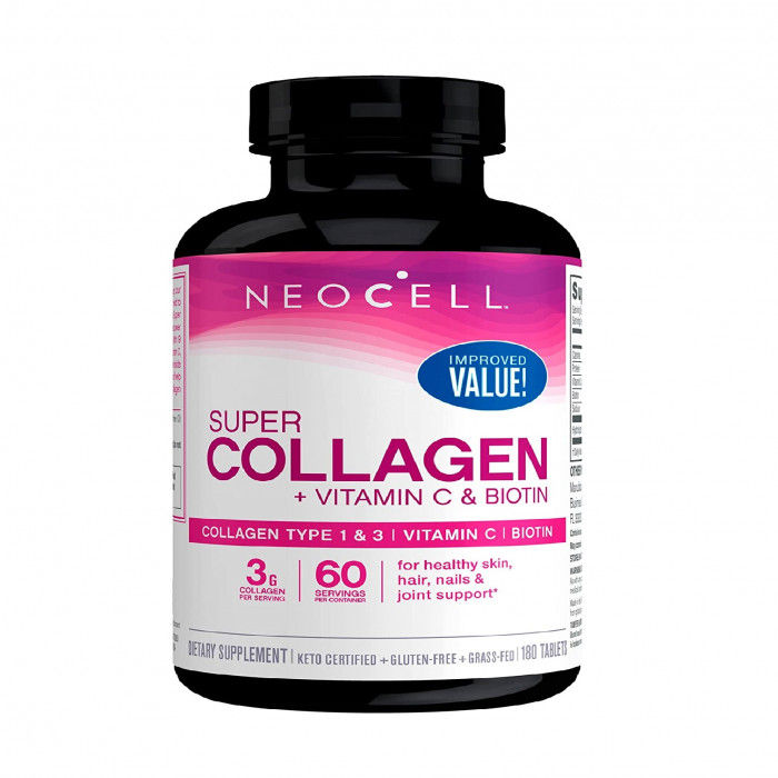 NeoCell Super Collagen Peptides + Vitamin C & Biotin, 3g Collagen Per Serving, Gluten Free, Promotes Healthy Hair, Beautiful Skin, and Nail Support, Dietary Supplement, 180 Tablets