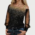Sequin Mesh Cold Shoulder Blouse Splice Long Sleeves Loose Shiny Glitter Tunic Top Casual Womens Tops And Blouses. 