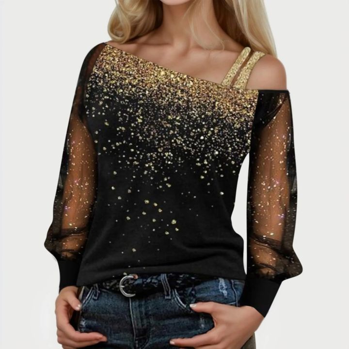 Sequin%20Mesh%20Cold%20Shoulder%20Blouse%20Splice%20Long%20Sleeves%20Loose%20Shiny%20Glitter%20Tunic%20Top%20Casual%20Womens%20Tops%20And%20Blouses%20-%20Image%203