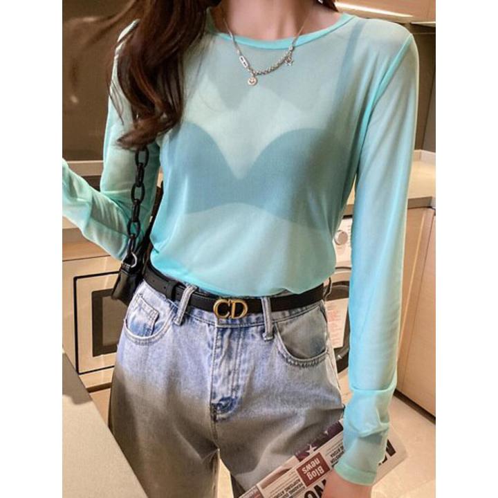 Summer Korean Fashion Mesh T-shirts Women Vintage Transparent Tops for Women Loose White Transparent Office Lady Shirts