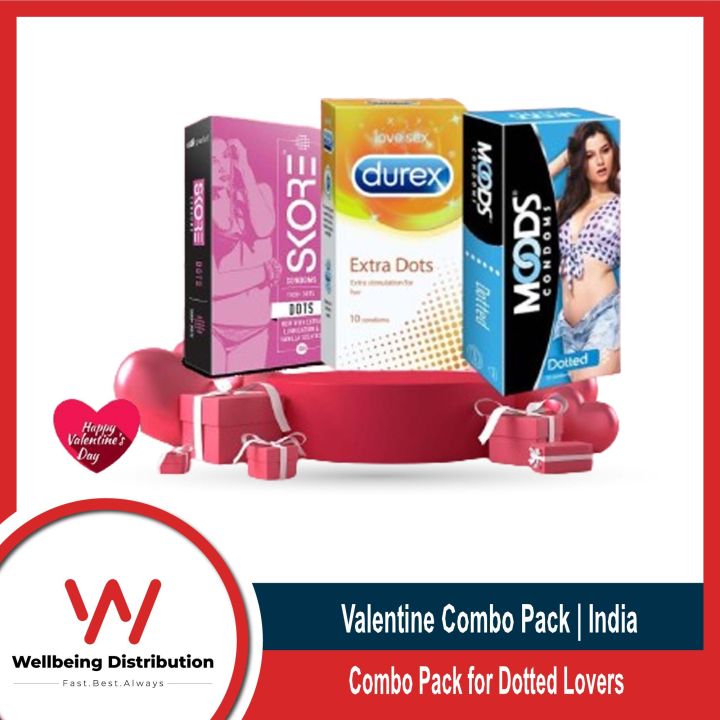 Valentine Combo Pack for Dotted Lovers - Moods Dotted, Durex Extra Dots & Skore 1500+ Dots Condom - Each Pack contains 10pcs Condom