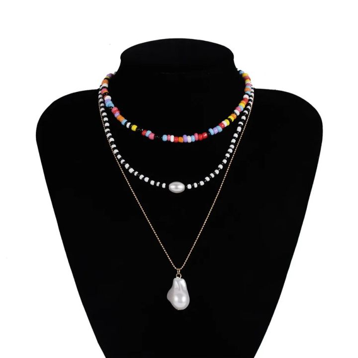 Multi Layer Baroque Pearl Choker Necklace Collar Statement Unique Rainbow Strands Seed Bead Chain Necklace Vacation Best Gifts