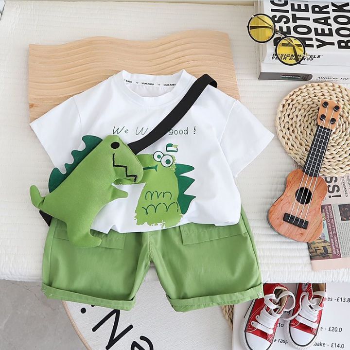 2024 Children's Short Sleeve Dinosaur Set Summer New Boys Kids Baby T-shirt Shorts 2-Piece Set Korean Version