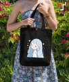 Cute Cartoon Girl Printed Black and White Canvas Tote Bag with Zipper for Girls. 