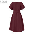 ZANZEA Women Summer Casual Short Sleeved Round Neck Dresses Baggy Midi Dress #11. 