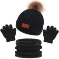 3PCS Cute Pompom Knitted Hats Winter Baby Hat Scarf Gloves Set Solid Color Toddler Bonnet Outdoor Warm Infant Accessories 1-5Y.