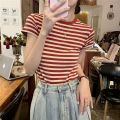 M61 Summer Clothing 2023 New French Style Sweet and Spicy Style Inner Bottoming Shirt Shoulder T Women's Striped T-shirt Shory Style Shirt.