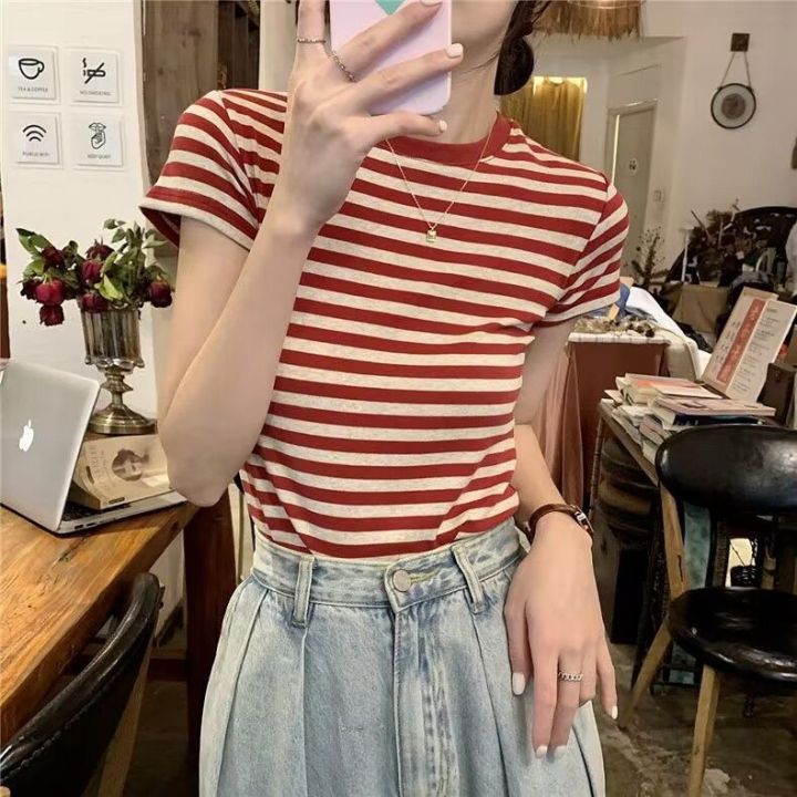 M61%20Summer%20Clothing%202023%20New%20French%20Style%20Sweet%20and%20Spicy%20Style%20Inner%20Bottoming%20Shirt%20Shoulder%20T%20Women's%20Striped%20T-shirt%20Shory%20Style%20Shirt%20-%20Image%206