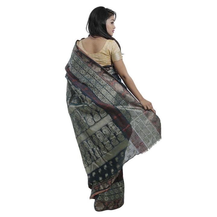 Navy%20Blue%20Tangail%20Half%20Silk%20Saree%20-%20Image%203