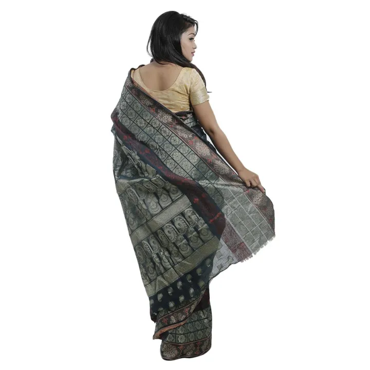 Navy%20Blue%20Tangail%20Half%20Silk%20Saree%20-%20Image%203