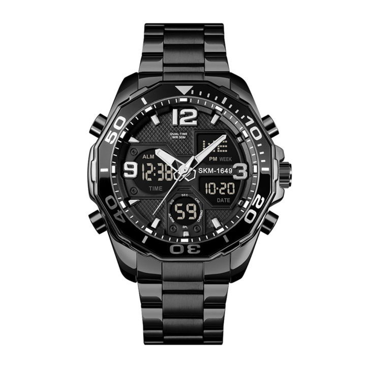 SKMEI 1649 Black Stainless Steel Dual Time Sport Watch For Men