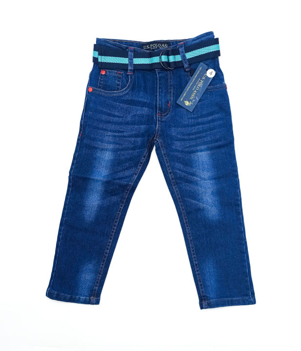 "Boys' Denim Full Pants  With Belt Navy Blue"