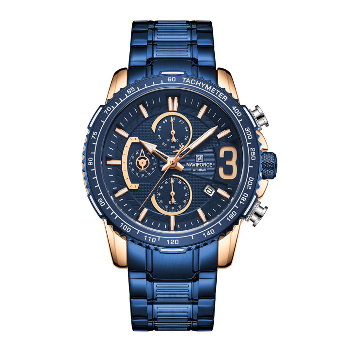 NAVIFORCE NF8017 Royal Blue Stainless Steel Chronograph Watch For Men - RoseGold & Royal Blue