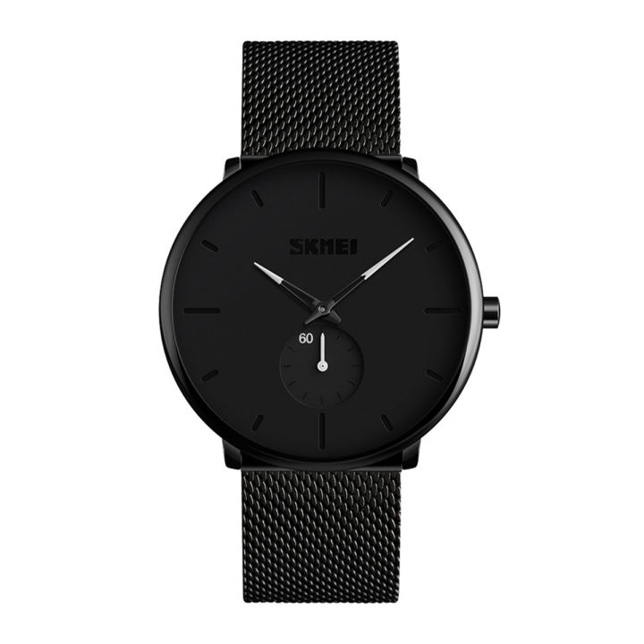 SKMEI 9185 Black Mesh Stainless Steel Analog Watch For Men - White & Black