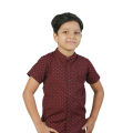 Short Sleeve Boys' Shirt Band Collar Dark Maroon All Over Print  (BWS 332). 