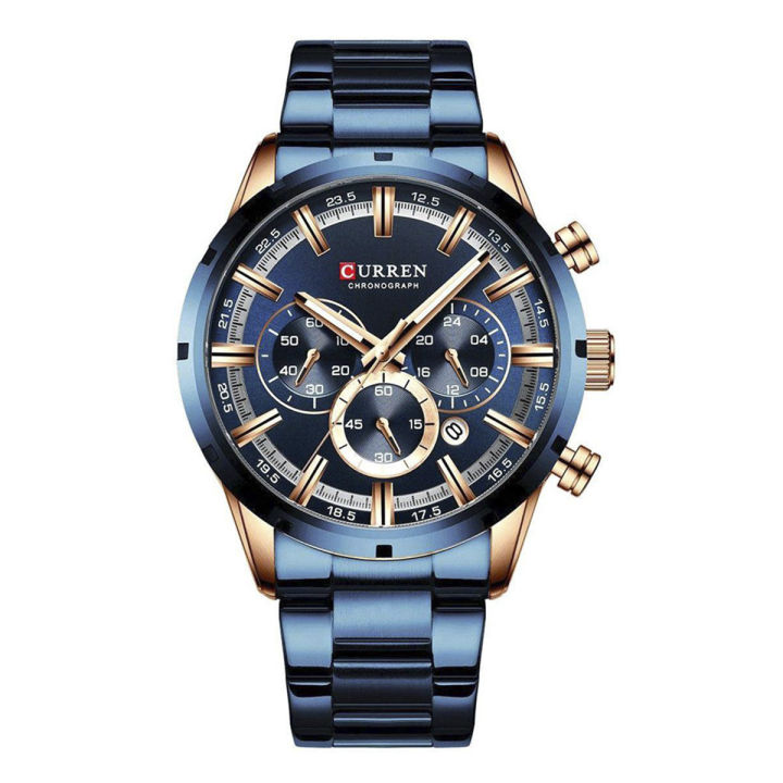 CURREN 8355 Royal Blue Stainless Steel Chronograph Watch For Men - RoseGold & Royal Blue