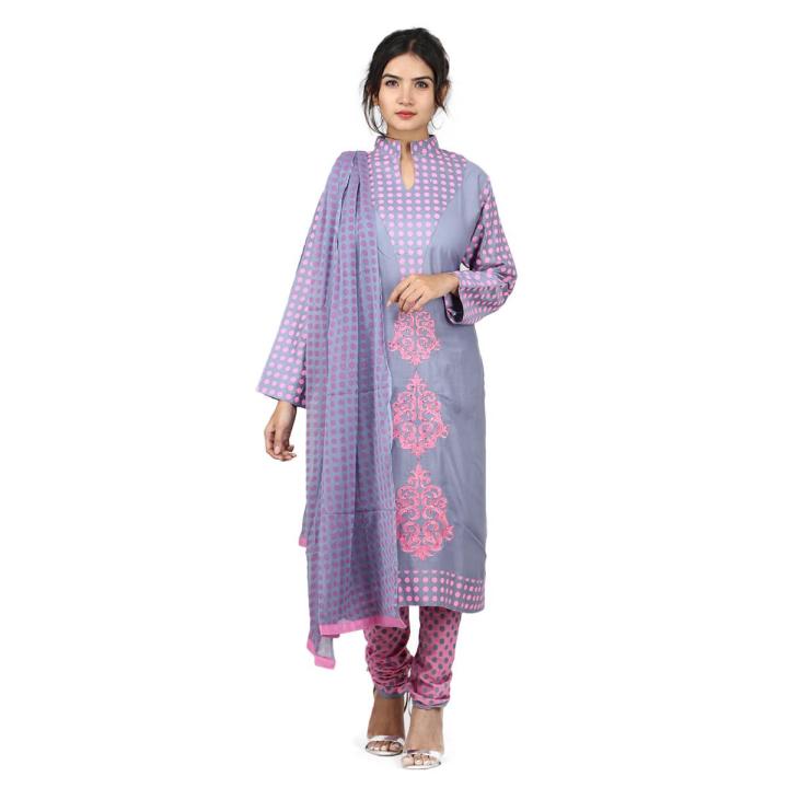 Light Ash  Colour Cotton Stitched Three Piece For Women