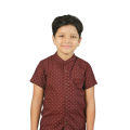 Short Sleeve Boys' Shirt Band Collar Dark Maroon All Over Print  (BWS 332). 