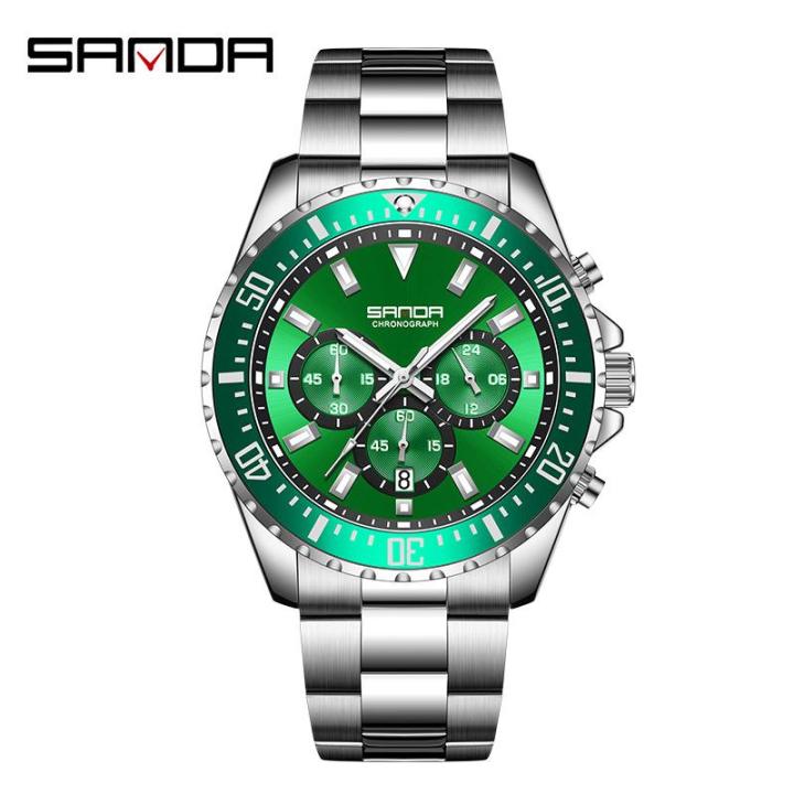 Sanda Steel Belt Calendar Men's Watch Personalized Quartz Three Eye Six Needle Green Water Ghost Fluorescent Watch 5306