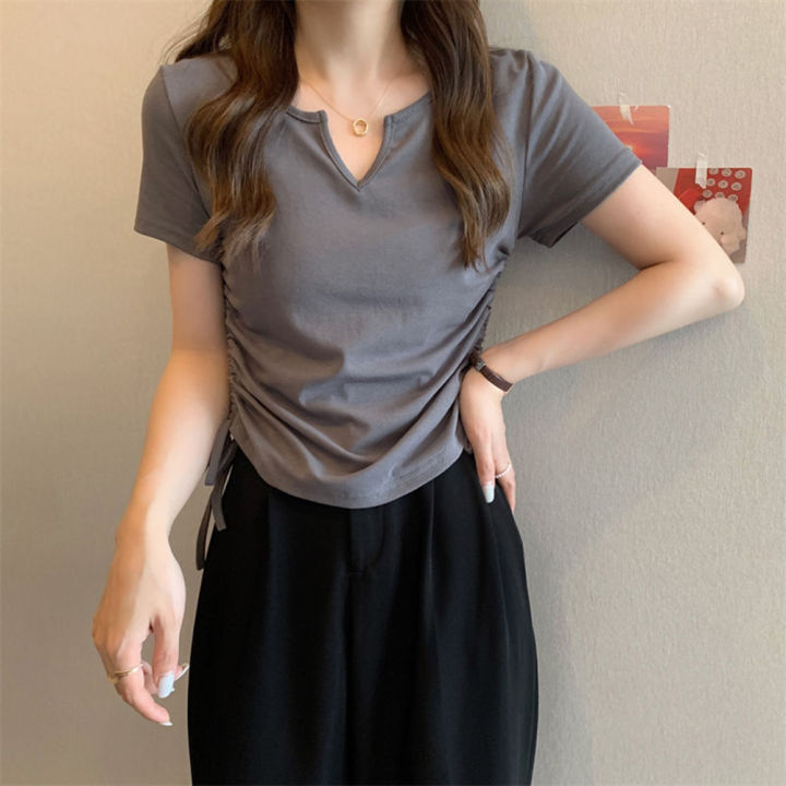 Women%20Cotton%20Sexy%20V-neck%20Blouse%20Drawstring%20Slim%20Fit%20Shirt%20Short%20Sleeves%20Solid%20Color%20Pullover%20Tops%20-%20Image%207