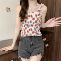 bellylady Women Cotton Ruffled Tank Top Summer Sweet Floral Printing Slim Fit Vest Trendy Casual Backless Sleeveless Tops. 