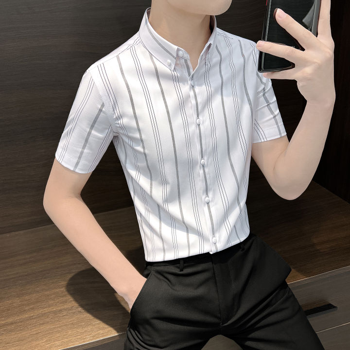 High-End Striped Short Sleeve Shirt Men's Light Luxury Business Men's Summer Ice Silk High-End Top Half Sleeve Shirt