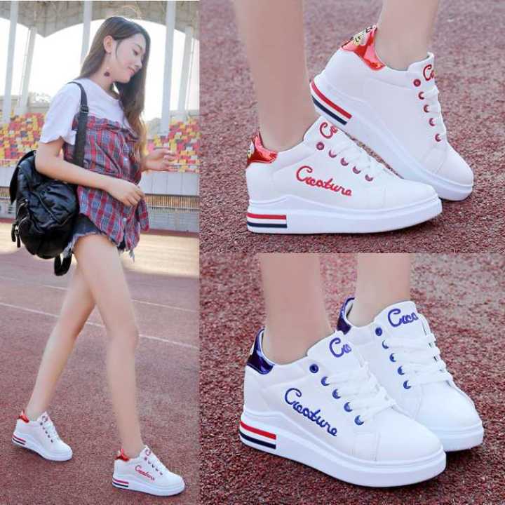 Women's White Shoes Height Increasing Insole New Women's Thin Shoes White Lace-up Korean Style Casual Fashion All-Matching Wedge Student