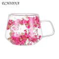 Flower Decorated Coffee Cup Beautiful 200ml Clear Glass Mug with Insulated Double Wall Handle Aesthetic Dehydrated Flower Design Perfect for Coffee Tea Heat Preserving Tumbler Ideal for Transparent. 