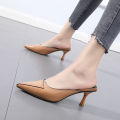 【BestGO】New Fashion 2.36 inches Brown High Heels Mules Sandals Shoes for Women Ladies Stiletto Mid Heeled Sandals Woman Causal Pointed Slipper Shoes Size 34-39. 