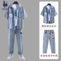 Men's Summer Short Sleeve Denim Shirt Thin Half-Sleeved Jeans Suit with Handsome Casual Suit Shirt. 