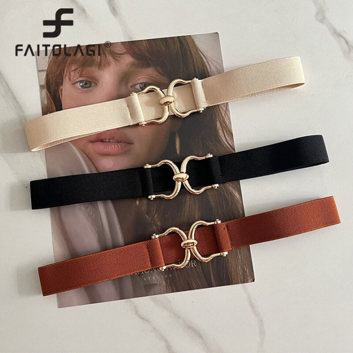 Wide Gold Metal Buckle Belt For Women Lady Retro Solid Color Elastic Skinny Waist Belts Simple Dress Shirt Decorative Waistband