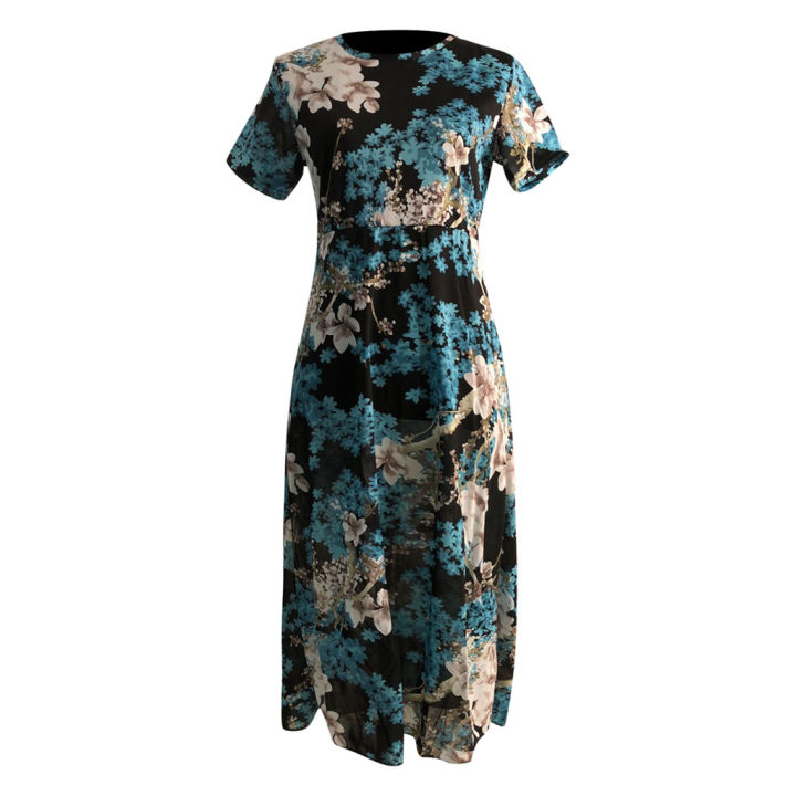 Fashion%20Casual%20Women%20O-Neck%20Short%20Sleeve%20Long%20Printed%20Slim%20A-Line%20Dress%20-%20Image%203