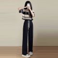 Fashion Suit Women's Summer New Korean Style Loose Salt Wear StripedPoloCollar Top Wide Leg Pants Two-Piece Set. 