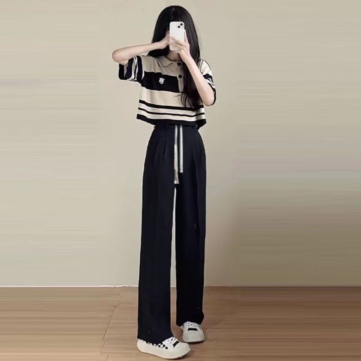 Fashion%20Suit%20Women's%20Summer%20New%20Korean%20Style%20Loose%20Salt%20Wear%20StripedPoloCollar%20Top%20Wide%20Leg%20Pants%20Two-Piece%20Set%20-%20Image%203